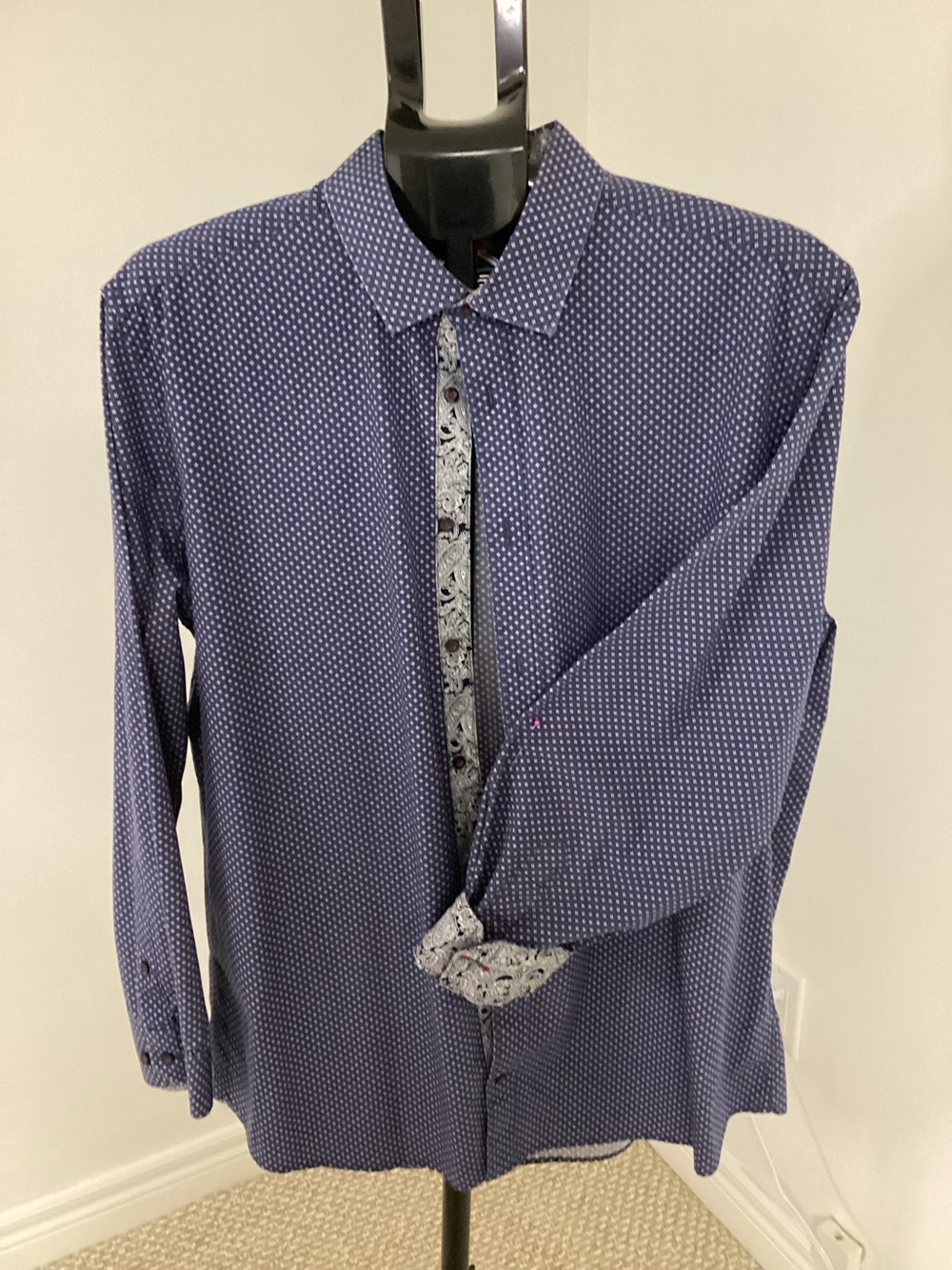 Soul of London Men's Navy Dotted Long-Sleeve Shirt Contrast Trim Size 17.5/XL